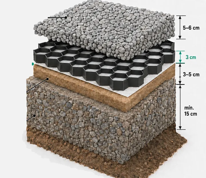 Corte del sistema EuroGravel: 5 a 6 cm de piedra sobre la geocelda de 3 cm de altura, apoyada sobre una capa de arena de 3 a 5 cm y una base de balasto compactado de 15 cm como mínimo.